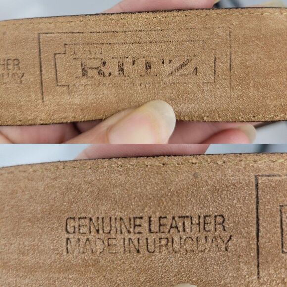 Vintage 80's Ritz Leather Belt S Brown Hieroglyphic Symbol Beads Brass Buckle - Picture 3 of 13